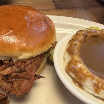 Texas Roadhouse - Pulled Pork Sandwich and mashed potatoes with gravy - American Near Me - Henderson, Nevada Texas Roadhouse - Pulled Pork Sandwich and mashed potatoes with gravy - American Near Me - Henderson, Nevada