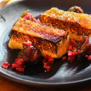 Auction Rooms - Brûlée French Toast with Blue Cheese stuffed Dates, Bacon and Poached Rhubarb. ($14.00) - Breakfast & Brunch Near Me - North Melbourne, VIC