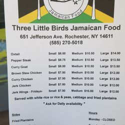 Three Little Birds Jamaican Food - Menu as of 5/4