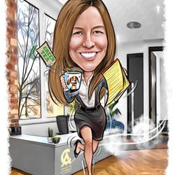 Employee custom digital color caricature created from customer's provided photo with details to include on the artwork.