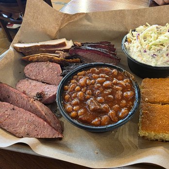 Mission BBQ - 3 meat sampler with side of baked beans and coleslaw slaw - Barbeque Near Me - Doral, Florida Mission BBQ - 3 meat sampler with side of baked beans and coleslaw slaw - Barbeque Near Me - Doral, Florida