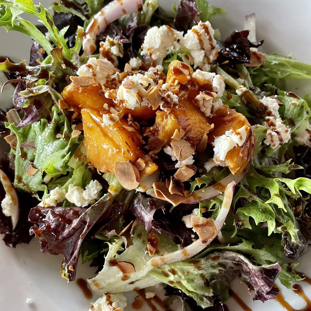 Ports Cafe - Peach salad with goat cheese and balsamic - New American Near Me - Geneva, New York Ports Cafe - Peach salad with goat cheese and balsamic - New American Near Me - Geneva, New York