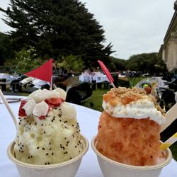Kiwi pineapple with mochi and peach with a cream top.