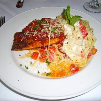 Chart House - Crab stuffed Salmon with Bacon, Spinach & Tomato spaghettini in a butter-wine sauce - Seafood Near Me - San Antonio, Texas