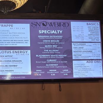 Snowbird Mountain Coffee - Drinks menu - Coffee & Tea Near Me - Newport, Tennessee Snowbird Mountain Coffee - Drinks menu - Coffee & Tea Near Me - Newport, Tennessee