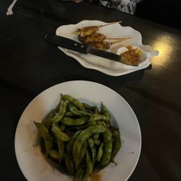 Spicy Garlic Edamame & chicken satay