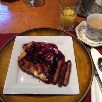 Sequoia River Dance Bed & Breakfast - The second course of breakfast! Blueberry baked French toast with breakfast sausage, hot coffee, & good orange juice! - Bed & Breakfast Near Me - Three Rivers, California Sequoia River Dance Bed & Breakfast - The second course of breakfast! Blueberry baked French toast with breakfast sausage, hot coffee, & good orange juice! - Bed & Breakfast Near Me - Three Rivers, California