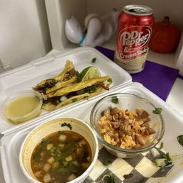 Birria Taco Combo: 4 Birria Tacos and consommé with rice and beans. Dr. Pepper is from the grocery store next door. Birria Taco Combo: 4 Birria Tacos and consommé with rice and beans. Dr. Pepper is from the grocery store next door.