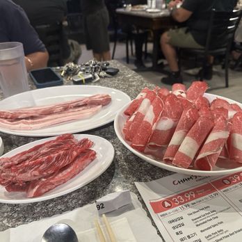 Cham Soot Gol - Beef finger (left), beef tongue (right), and Mount Fuji premium pork belly (top) - Barbeque Near Me - Garden Grove, California