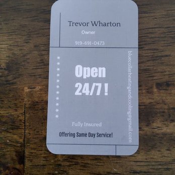 Blue Collar Heating and Cooling - Front of Trevor Wharton's card. - Heating & Air Conditioning/HVAC Near Me