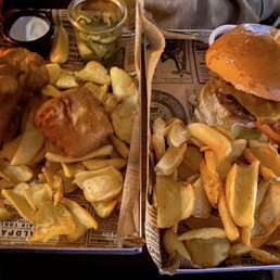 Fish & chips on the left, classic burger on the right