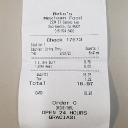 Beto's Tacos - The $17.00 Breakfast Burrito Receipt,... Note $6.00 for Ham.