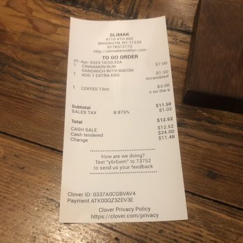 Slimak - Receipt - Coffee & Tea Near Me - Brooklyn, New York Slimak - Receipt - Coffee & Tea Near Me - Brooklyn, New York
