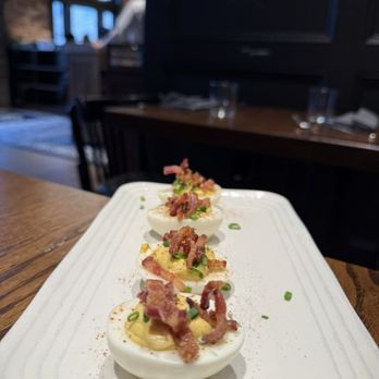 Shutters on King - Devil Eggs with candied bacon and chives - Salad Near Me - Leesburg, Virginia Shutters on King - Devil Eggs with candied bacon and chives - Salad Near Me - Leesburg, Virginia