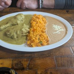 Green mole - chicken, green mole, rice, refried beans Green mole - chicken, green mole, rice, refried beans