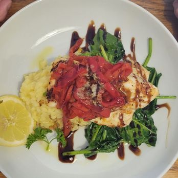 Regina's Restaurant - Halibut Filet Con Peperonatta - Mediterranean Near Me - Silver Spring, Maryland Regina's Restaurant - Halibut Filet Con Peperonatta - Mediterranean Near Me - Silver Spring, Maryland