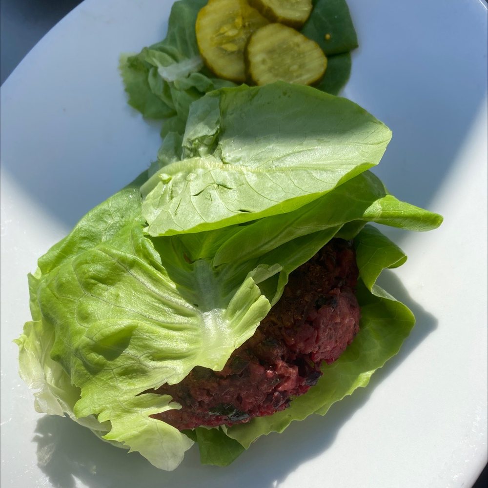 Mustard Seed Cafe - Vegetarian beet and bean Burger on lettuce - Cafes Near Me - Akron, Ohio Mustard Seed Cafe - Vegetarian beet and bean Burger on lettuce - Cafes Near Me - Akron, Ohio