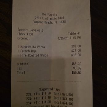The Foundry - 2026-1-15 Receipt - Lounges Near Me - Pompano Beach, Florida The Foundry - 2026-1-15 Receipt - Lounges Near Me - Pompano Beach, Florida