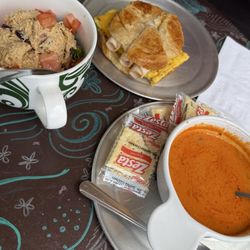 Whole Being Cafe - Chicken salad, turkey-egg-cheese croissant, tomato basil soup. Yum!