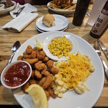 Log Cabin Family Restaurant - 21 breaded shrimp. Sides: mac' n cheese and sweet corn - Breakfast & Brunch Near Me - Baraboo, Wisconsin Log Cabin Family Restaurant - 21 breaded shrimp. Sides: mac' n cheese and sweet corn - Breakfast & Brunch Near Me - Baraboo, Wisconsin