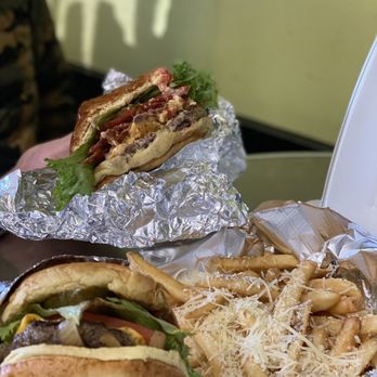 Big Burger Spot - Classic burger in front, White Truffle Parmesan fries, and Pimento Cheese burger in back - Burgers Near Me - Greensboro, North Carolina Big Burger Spot - Classic burger in front, White Truffle Parmesan fries, and Pimento Cheese burger in back - Burgers Near Me - Greensboro, North Carolina