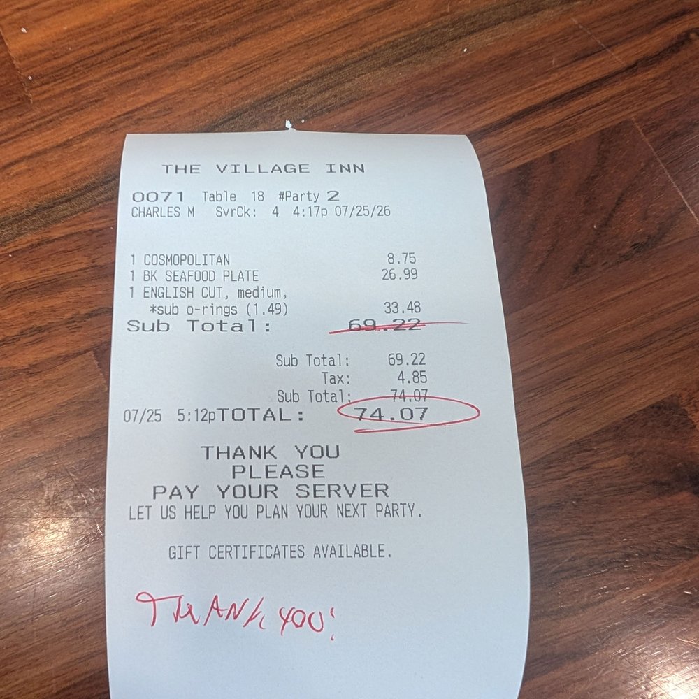 The Village Inn - Receipt - Seafood Near Me - Dracut, Massachusetts