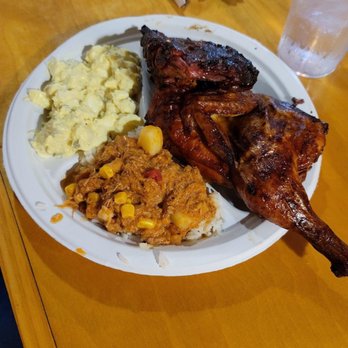 Fish Eye Grill - Half chicken, Brunswick stew over rice, and potato salad. - Southern Near Me - Girard, Georgia
