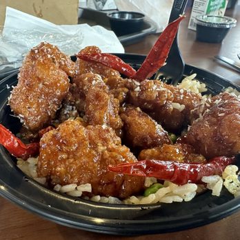 Mythos Chef - ORANGE CHICKEN with FRIED RICE the peppers are super spicy so pick them out if you don't like heat - Asian Fusion Near Me - Riverside, California
