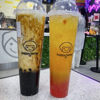 Happy Lemon - Mango Green Tea with Strawberry Popping Boba and Okinawa Milk Tea with Boba - Bubble Tea Near Me - Las Vegas, Nevada Happy Lemon - Mango Green Tea with Strawberry Popping Boba and Okinawa Milk Tea with Boba - Bubble Tea Near Me - Las Vegas, Nevada