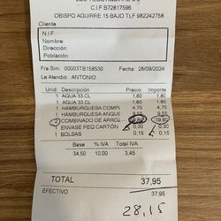 Cafeteria OS Tilos RUA Obispo Aguirre, 15 - This is the bill showing the 2 combo plate with rice, french fries and sauteed onions. We did not order this.  Only deep fried onion rings!