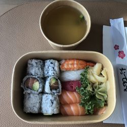 Shari Sushi & Maki - Lunch special A - 6-piece roll (no unagi or scallop - I chose salmon avocado), 5 nigiri, and miso soup or drink, $17+tax
