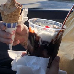 Tom And Jimmys - Single scoop in a waffle cone and a Warm Brownie Sundae -