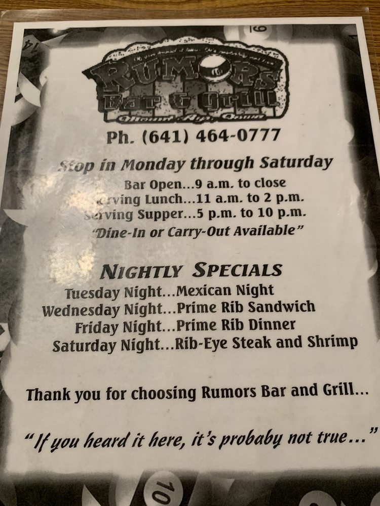 RUMORS BAR & GRILL Updated September 2024 306 W South St, Mount Ayr