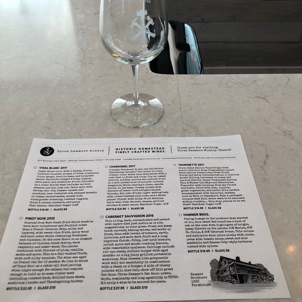 Three Hammers Winery - Tasting menu. - Wineries Near Me - Hawley, Pennsylvania Three Hammers Winery - Tasting menu. - Wineries Near Me - Hawley, Pennsylvania