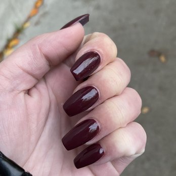 MC Nails - Acrylic full set. Coffin shape, medium length, maroon polish. - Nail Salons Near Me - Seattle, Washington MC Nails - Acrylic full set. Coffin shape, medium length, maroon polish. - Nail Salons Near Me - Seattle, Washington