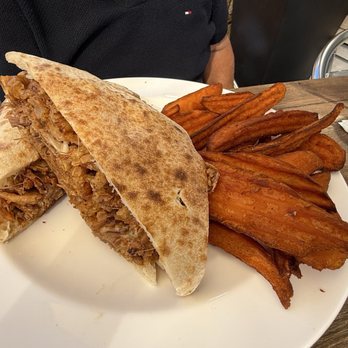 Stone Fire Italian - The daily special was a pulled pork sandwich with fried onions on flat bread and sweet potato fries. Portion was huge! - Pizza Near Me - Mount Kisco, New York Stone Fire Italian - The daily special was a pulled pork sandwich with fried onions on flat bread and sweet potato fries. Portion was huge! - Pizza Near Me - Mount Kisco, New York