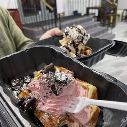 Grandma's Ice Cream and Waffles - Waffle with salted caramel ice cream topped with whip cream and chocolate drizzle