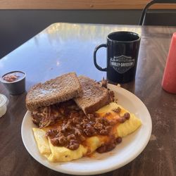 Little Gallea Restaurant - Mickie omelette. Wheat bread and hash browns