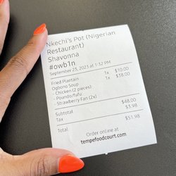 Nkechi’s Pot - Receipt of total for meal
