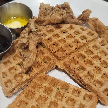 Life Bistro - Waffle and fried oyster mushrooms - Vegan Near Me - Atlanta, Georgia Life Bistro - Waffle and fried oyster mushrooms - Vegan Near Me - Atlanta, Georgia