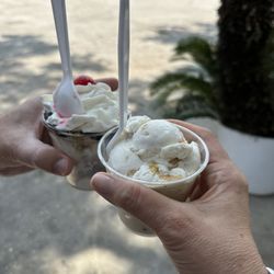Carl's Ice Cream - Hot fudge sunday and small cup with banana pudding and oatmeal cream pie