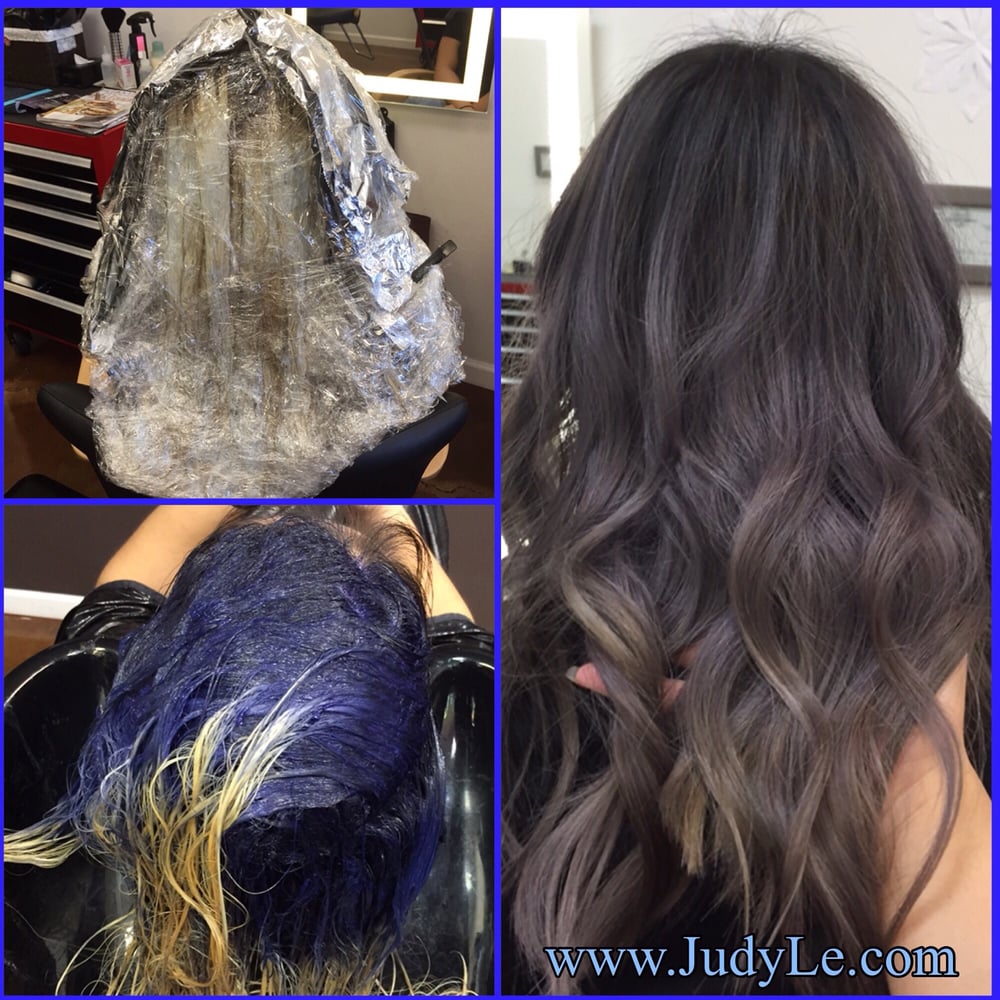 Gray Hair With Violet Blue Hue And Golden Tips Ombre Balayage