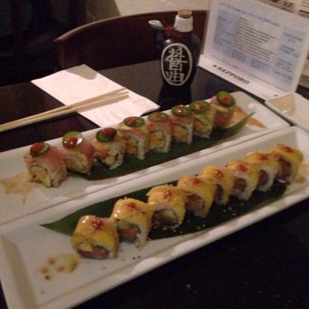 Sushi Fish Attack - My "Ex-Boyfriend" on the left ;) 14.95 a roll and "Mango-Mango roll" on the right 12.95 a roll . These two were my favorites, fresh - Sushi Bars Near Me - San Diego, California Sushi Fish Attack - My "Ex-Boyfriend" on the left ;) 14.95 a roll and "Mango-Mango roll" on the right 12.95 a roll . These two were my favorites, fresh - Sushi Bars Near Me - San Diego, California