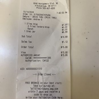 Slim Chickens - Receipt - Chicken Shop Near Me - Albuquerque, New Mexico