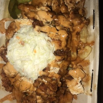 Birdies Hot Chicken - Signature chicken plate. Seasoned Nashville chicken with coleslaw on top of spiced fries. - Chicken Shop Near Me - Brooklyn, New York Birdies Hot Chicken - Signature chicken plate. Seasoned Nashville chicken with coleslaw on top of spiced fries. - Chicken Shop Near Me - Brooklyn, New York