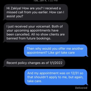 Intuition Skin Studio - Her offer to reschedule, in vm I said keep appts already scheduled & not reschedule, she canceled both appts & banned me, also 10:55pm text - Skin Care Near Me - Las Vegas, Nevada