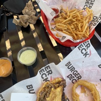 Burger Deck - Single smash and fry combo and a Double Dirty Deck with onion rings! (Hazy IPA not pictured!!! lol) - Burgers Near Me - San Diego, California Burger Deck - Single smash and fry combo and a Double Dirty Deck with onion rings! (Hazy IPA not pictured!!! lol) - Burgers Near Me - San Diego, California