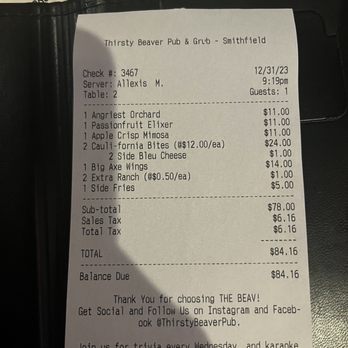 Thirsty Beaver - Receipt - Burgers Near Me - Smithfield, Rhode Island