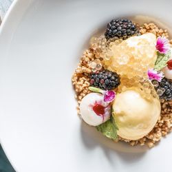 Privé249 - Mango gelato with lychees, macadamia crumb, grapefruit pearls and mint
