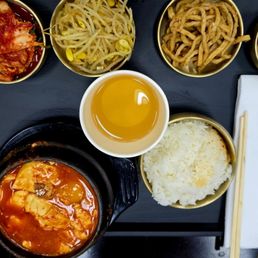 Delicious soondubu stew with banchan!